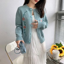 JRG659123여성 봄 꽃 데일리 루즈 오버 핏 라운드 가디건 블루
