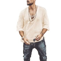 남성 패션 히피 리넨 셔츠 캐주얼 중간 소매 V넥 여름 해변 루즈 티 탑 단색 티셔츠