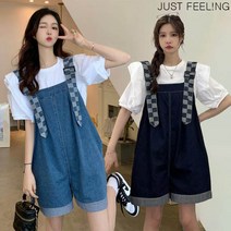 JUST FEEL!NG 여름 여성 미소매 점프슈트 와이드 스트레이드 핏 체크 데님 멜빵바지