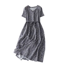 여름 면 혼방 라운드 넥 A라인 반팔 롱 원피스 중년 드레스 포켓 리본 허리띠