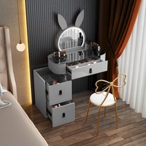 공주화장대 핑크 LED조명 화장대세트, 목재, 그레이 600 + 토끼거울 + 리본의자