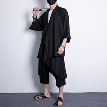 스타일 가디건 정장 대형 여름 의류 34 소매 캐주얼 와이드 레그 바지 빈티지 남성 솔리드 컬러 hanfu