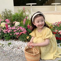에모베베 소녀 순색 거품 소매 원피스 2022년 여름 어린이