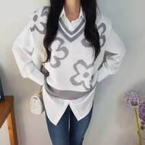 상상그이상 여성용 국내제작 크로버 배색 귀염 니트조끼 부드러운 필수 블라우스 코디세트 쉬운 코디 편하게 입을 수 있는 사이즈 좋은 보풀없는 가성비 레이어드 조끼세트