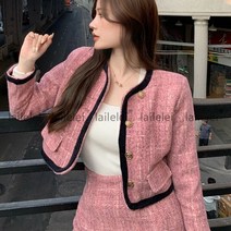 트위드 손담비 정장 투피스 세트 스커트 여성용 2021 Sping 빈티지 우아한 O 넥 짧은 재킷 및 미니 스커트 핑크 블루 매칭 세트 2 | 드레스 슈트