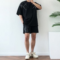 남자 페인팅 프린팅 반팔 밴딩 반바지 여름 트레이닝 세트 2color