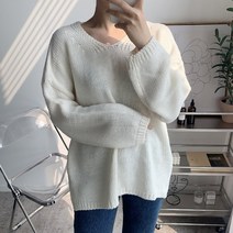 오오엘 여성용 달콤리본 브이넥 루즈핏 옆트임 언발 롱 니트