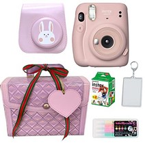 (버니티 가방 랩핑 BOX 체키 세트) 후지 필름 체키 instax mini 11 브러쉬 핑크 & 케이스 & 필름 20장 & 하메파치 & 디즈니 앨범 & 데코루 레펜 & 바니티 가방 BOX 퍼플 (케이스 핑크 토끼)