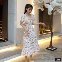 가바바 여성 원피스 상큼한 꽆무늬 쉬폰 사각넥 롱원피스 G49014
