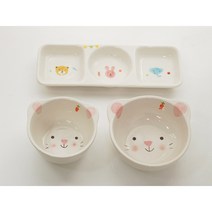 어린이 모이내츄럴 동물 식기 3종 세트, 토끼, 밥공기 + 국그릇 + 세칸접시