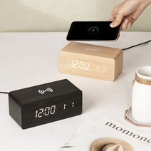 플라이토 우드 무선충전 데이트 led 탁상시계_전용아답터증정 핸드폰 이어폰 무선충전 디지털시계 날짜 무소음 자동밝기조절 집들이 이사 결혼선물, 메이플