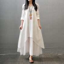 아나운서원피스 5월결혼식하객룩 예복원피스 여성 여름 드레스 여성을 위한 우아한 패션 캐주얼 코튼 및 리넨 맥시 플러스 사이즈 느슨한 긴 소매 화이트