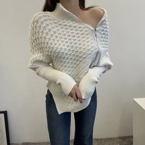 VANANA2 고퀄리티 감각 언발 사선 지퍼 스웨터 여성 겨울 두꺼운 목폴라 슬림니트
