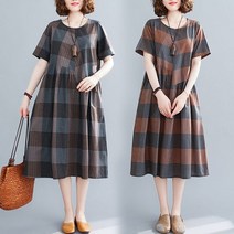 안나리야 A라인 루즈핏 캐주얼 체크 린넨 롱원피스 SH