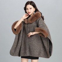 카라 트위드 울 더블 캐시미어 오버 케이프코트 모조 모피 칼라 겨울 후드 가디건 목도리 코트 판초 세련된 고급 망토 회색