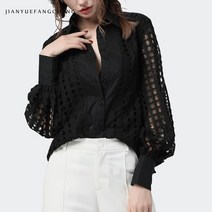 긴 체크 무늬 루즈핏 레이스 블라우스 여성용 랜턴 슬리브 셔츠 플러스 사이즈 가을 레드 상의 패션