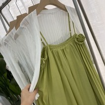 코사지 그린 끈나시 원피스 볼레로 가디건 세트
