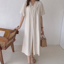 루즈핏 박시 린넨 반팔 롱 원피스 절개라인 브이넥