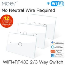moes wifi smart light switch rf433 no neutral wire single fire smart life tuya app control works wit, 하얀, 4인조, 우리 220v