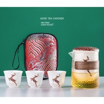 휴대용 다기 세트 찻잔 전통 중국 도자기 다도 이효리 1인-3인 여행용 캠핑용 파우치, 미니 차상 세트 - 학 - 4종세트