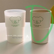 ZZJJC ins 크림 옐로 쁘띠 옐로 텀블러 더블 스테인리스 테이블 텀블러 테이크아웃 커피잔, 그린 강아지 컵