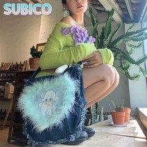 모터백 시티백 핸드메이드 블루 데님 패치워크 멘헤라 앙고라 퍼백 빅사이즈 숄더백 크로스백 잘파세대 [슈비코171270]