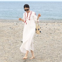 터치라인 레드 자수 여름 비치 바캉스 린넨 롱원피스