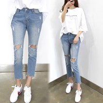 원타임 여성용 무릎구제 블루 데님팬츠