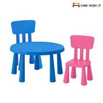 [당일출고] 이케아 MAMMUT 원형테이블(블루) + 등받이의자2개 세트, 레드2개