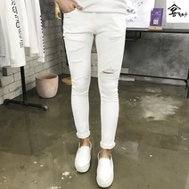 용된다 남자 봄 슬림핏 디스트로이드 화이트진