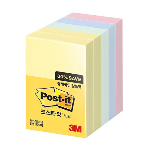 포스트잇 노트 알뜰팩 656-5, 노랑+애플민트+크림블루+러블리핑크, 500매, 1개