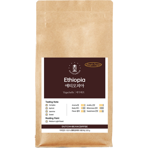 더치앤빈 에티오피아 예가체프 로스팅 원두커피, 500g, 홀빈(분쇄안함), 1개