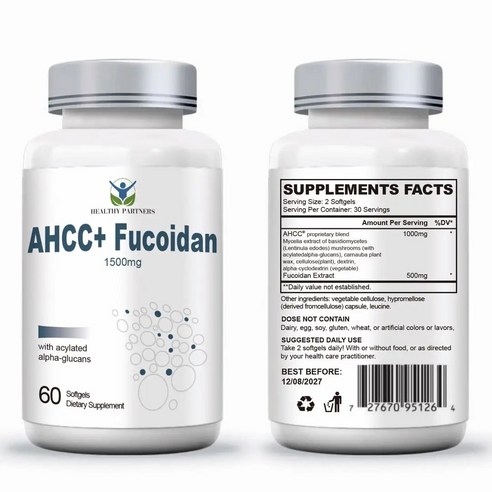 헬시파트너 AHCC 후코이단 1500mg 베타글루칸 표고버섯 균사체 알파글루칸 미역귀 무관세, 6개, 60정
