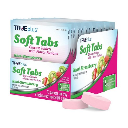 TRUEplus Soft Tabs 포도당 정제, 츄어블, 키위 딸기 맛, 빠르게 작용하는 탄수화물 16g, 지방 프리, 글루텐 프리, 에너지 향상, 4개, 12팩