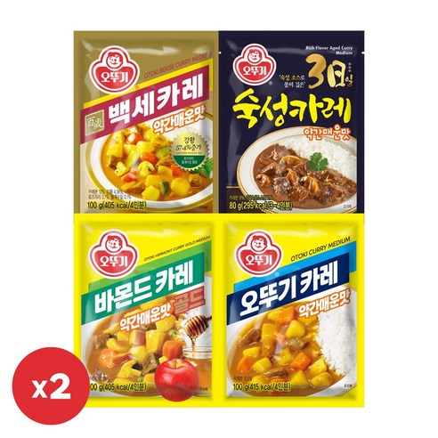 오뚜기 분말카레 약간매운맛 4종 2개씩(오뚜기카레+바몬드카레골드+백세카레+3일숙성카레), 1세트, 760g