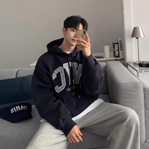 ANYOU 남성 봄가을 오버핏 레터링 후드티 2 colors