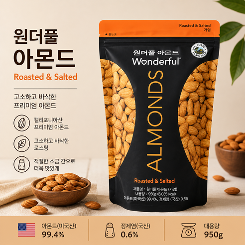 굿픽샵 원더풀 아몬드 대용량 로스티드 솔티드 캘리포니아 프리미엄 견과 간편간식+고급 사탕 증정, 1개, 950g