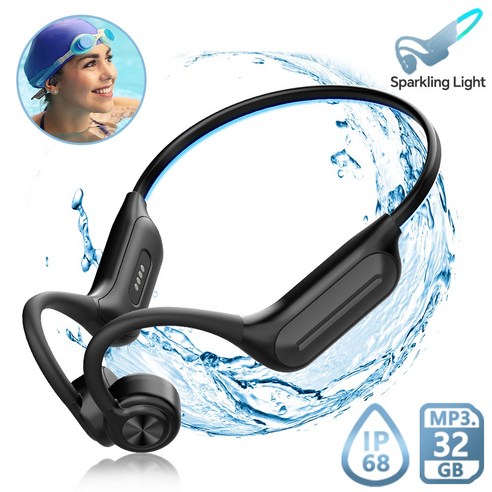 BOACE 골전도 블루투스 이어폰 IP68 방수 무선 스포츠 수영 내장 MP3모드 32GB 나이트 라이트 최신 블루투스, 블랙, X9