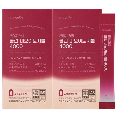 리얼그램 콜린 미오이노시톨 4000 엽산 아연 비타민 요구르트맛, 2박스, 30회분