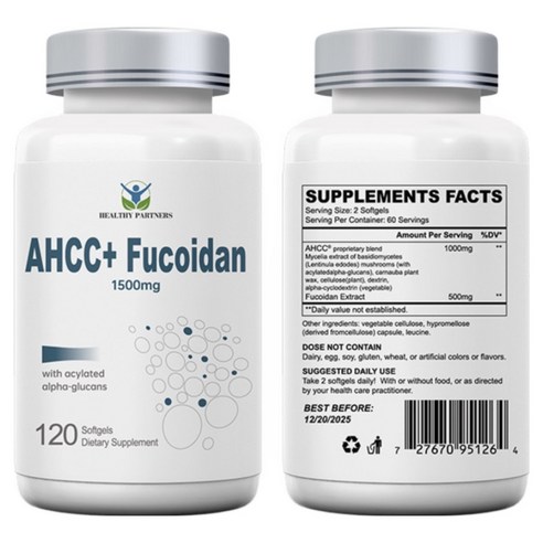 헬시파트너 AHCC 후코이단 1500mg 베타글루칸 표고버섯 균사체 알파글루칸 미역귀 무관세, 6개, 120정