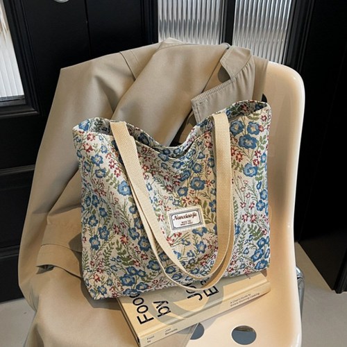 파스텔 플라워 에코 린넨 캔버스 숄더 토트백