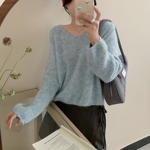 여성용 브이넥 파스텔 니트 루즈핏 스웨터 긴팔 티셔츠