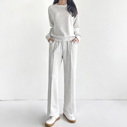 잘빠진 여성용 숏롱 2단기장 미니멀 소프트 맨투맨 핀턱일자 상하의 세트