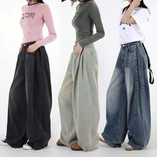 오버나인 여자 여성 와이드핏 벌룬 데님 워싱 핀턱 팬츠 청바지