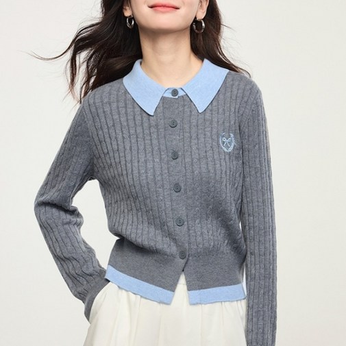 lofei 여성 니트 상의 카라 포인트 긴팔 CS14