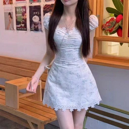 COSYEVNO  여성 여름 퍼프소매 미니 원피스 플라워 레이스 캐주얼 Tzklyq-10