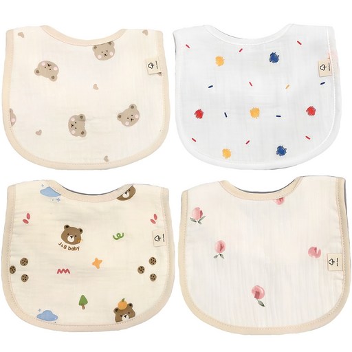LuxuryBaby 6層楊柳紗圍兜 基本款 D組, 愛心熊 + 森林熊 + 彩色圓點 + 蜜桃, 4入, 1個