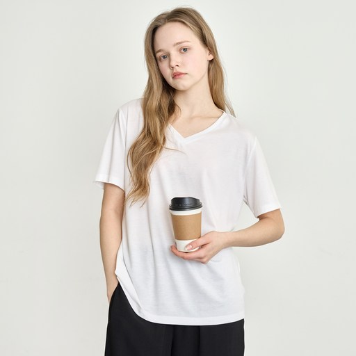 베이직하우스 여성용 레이온 찰랑 스판 오버핏 브이넥 무지 반팔 티셔츠