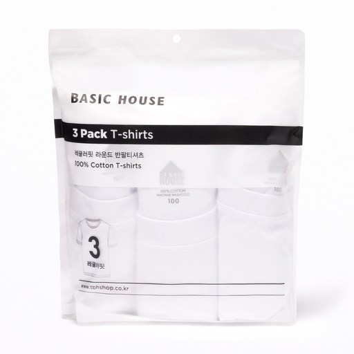 BASIC HOUSE 男女通用 透氣 純棉圓領 30支 短袖T恤 原創包 3件 HATS0101, WH