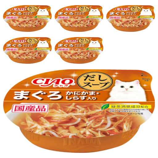 INABA CIAO 啾嚕原湯杯 燒津產鮪魚高湯 蟹肉吻仔魚 綠茶消臭配方 60g, 鮪魚 + 蟹肉 + 吻仔魚, 6個